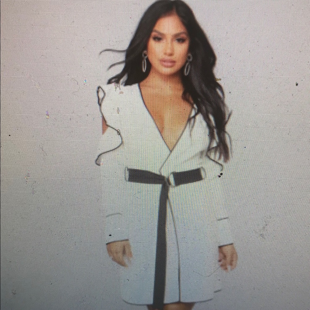 White faux wrap dress with black piping